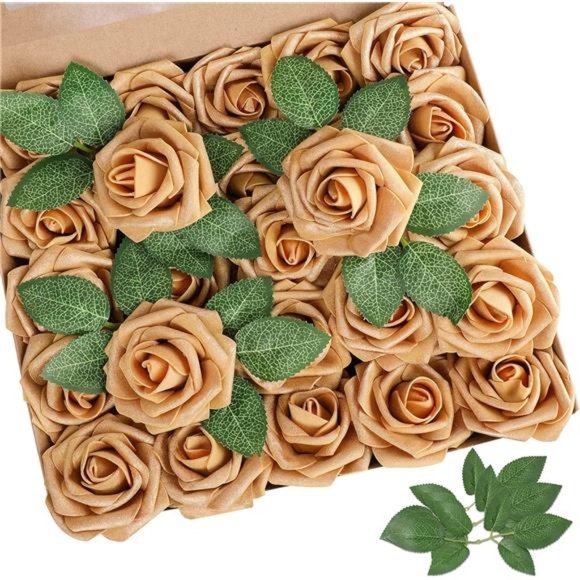 Artificial Flower Gold Rose 25pcs Real Looking Fake Roses w/Stem for DIY Wedding - Picture 1 of 6